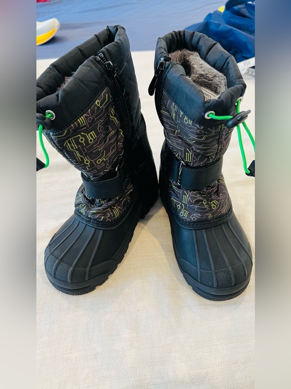 Kids Black Winter Snow Boots with Neon Green Accents size 12